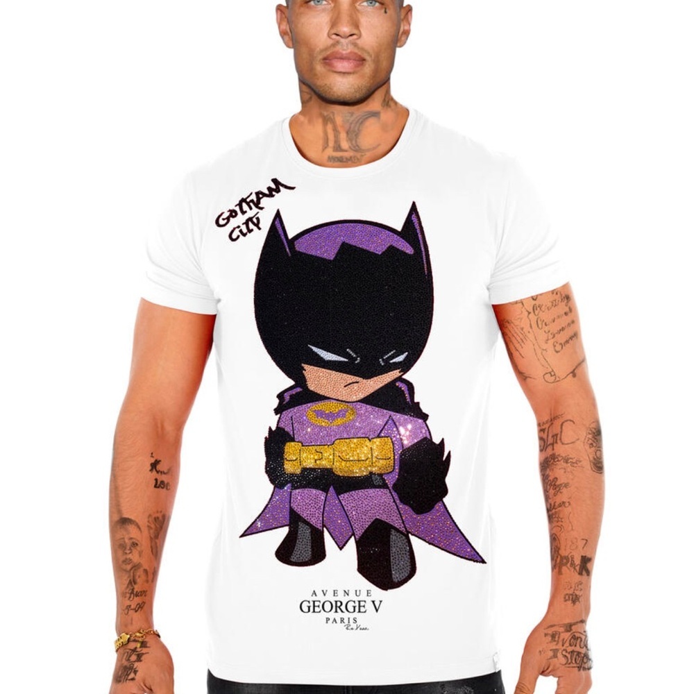 Men’s designer white Batman George V of Paris T-shirt with rhinestones